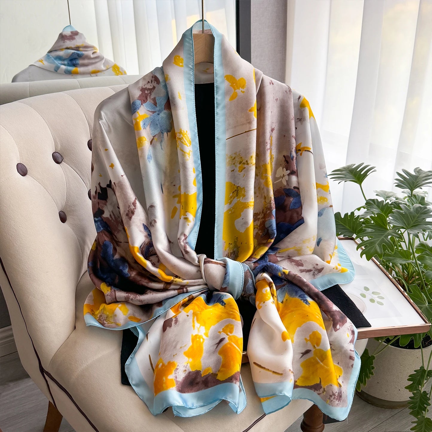 90*180cm Fashion Luxury Silk Scarf Women flowers Soft Smooth Scarves Wrap Hijab Outdoors Muffler Long Shawl Beach sun protection