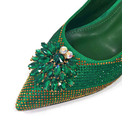 Venus Chan 2024 Green Rhinestone High Heels Pointed Toe Mixed Color Sexy Ladies Shoes With Clutch Bag Set For Luxury Party