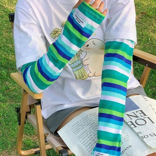 1 Pair Dual-Color Striped Sun Protection Arm Sleeves Loose Summer Outdoor Protector Solar Sleeves Women Ice Sleeve Arm Protector