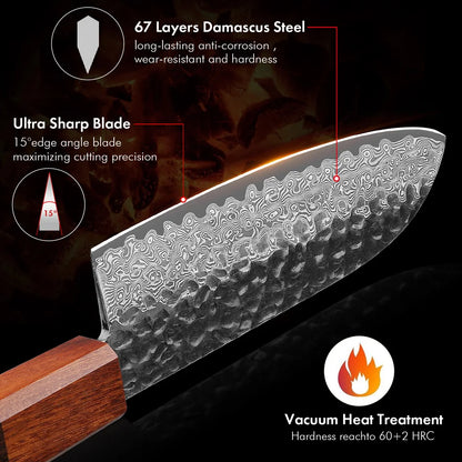 TURWHO 5 Inch Santoku Knife Damascus Japanese Steel Kitchen Knife VG10 67-Layer High Carbon Full Tang Best Chef Kitchen Tools