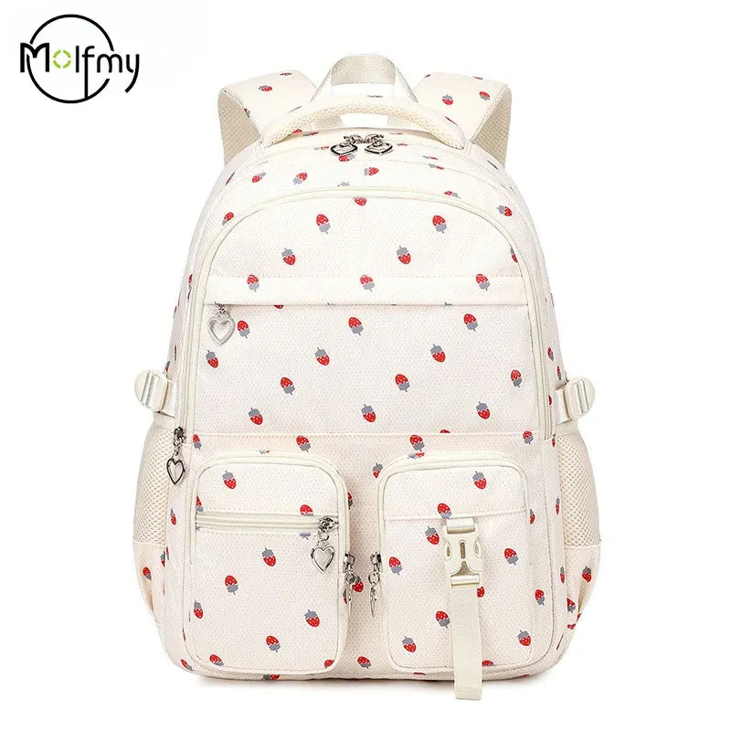Waterproof Schoolbag Strawberry Print Large Capacity Backpack Shoulder Bag Bookbags Nylon Travel Student Daily Zipper School Bag