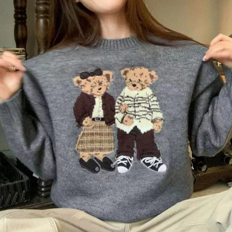 Sweater cartoon small bag core yarn needle retro women's  loose round neck knitted sweater new print black