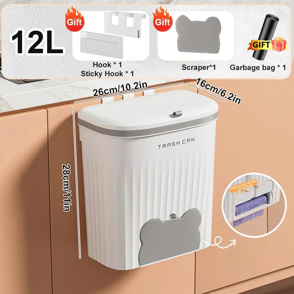 8.5/12L Hanging Trash Can For Kitchen Cabinet Door Wall Mounted Bathroom Wastebasket Toilet Trash Bin with Lid Garbage bag