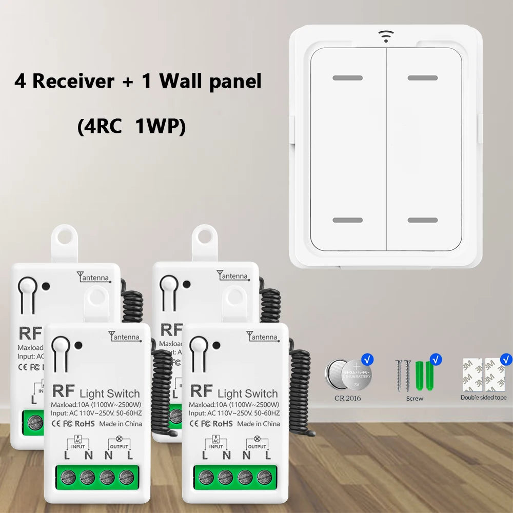 RF 433Mhz Wireless Light Switch 10A Mini Relay Receiver 1/2/4 Gang wall Panel Remote Control Interruptor For LED Lamp 110V 220V