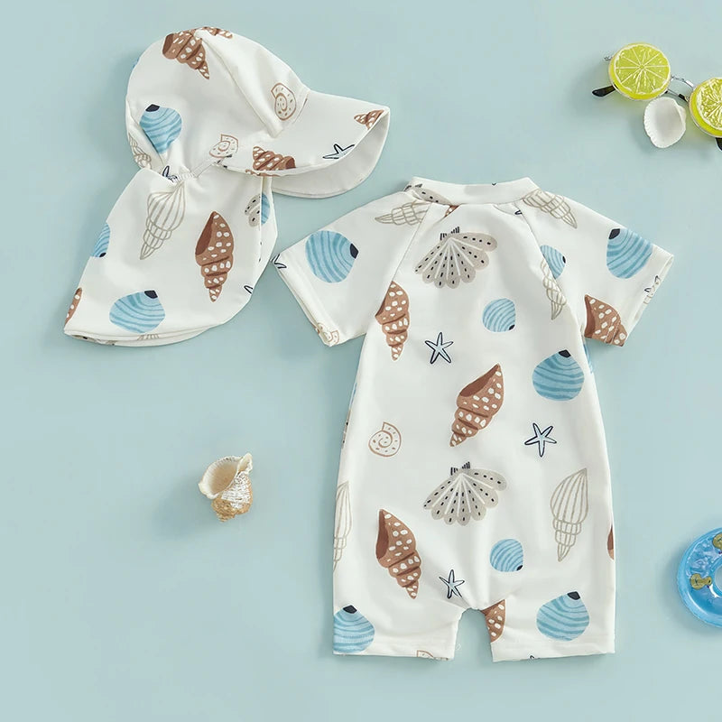 Toddler Boys Rash Guard Swimsuit Playsuits Seashell Print Zipper Short Sleeve Sun Protection Bathing Suit with Swim Cap