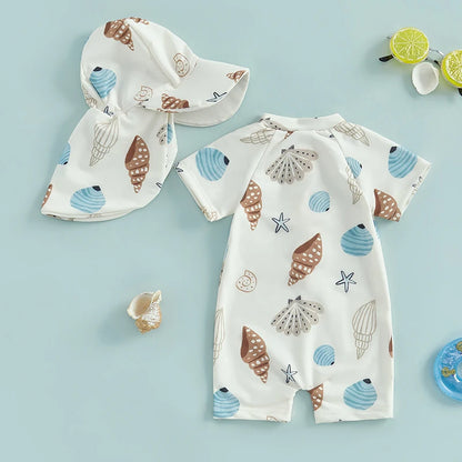 Toddler Boys Rash Guard Swimsuit Playsuits Seashell Print Zipper Short Sleeve Sun Protection Bathing Suit with Swim Cap