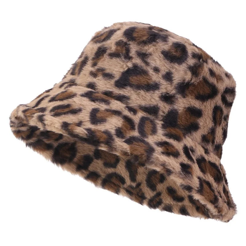 Autumn Winter Leopard Print Bucket Hat Thick Soft Warm Plush Fisherman Hat Fashion Outdoor Sun Protection Caps For Men Women