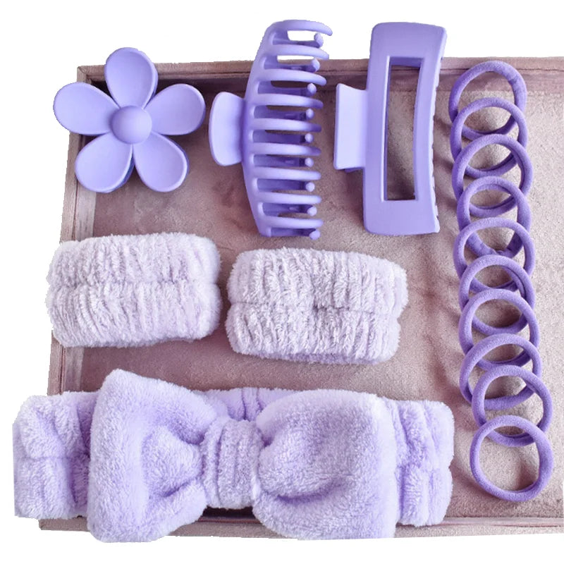 16pcs Women Multi-colored Soft Bow Headband Hair Claw Combination Set Holiday Gift Makeup Shower Sports Skincare Accessories