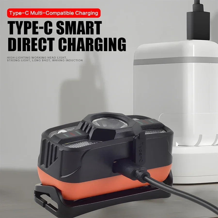 Smart IR Motion Sensor Headlamp Type-C USB Rechargeable Headlight Warning Light Waterproof Head Lamp Induction Head Flashlight