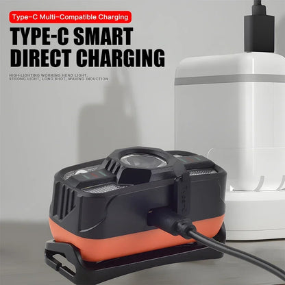 Smart IR Motion Sensor Headlamp Type-C USB Rechargeable Headlight Warning Light Waterproof Head Lamp Induction Head Flashlight