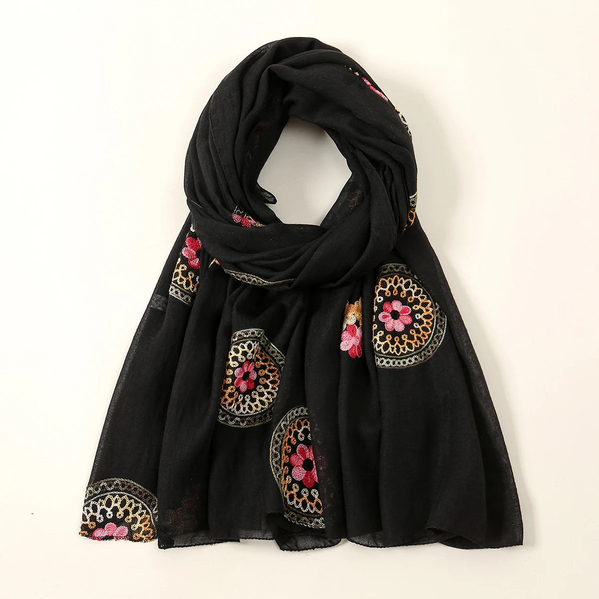 Women Foulard Embroidered Cotton linen Scarf Bandana Elegant Long Shawl Hijab Summer Sun Protection Floral Scarfs Vintage Tippet