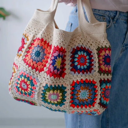 Vintage Crochet Granny Shoulder Tote Bag Women Boho Chic Hippie Handbags Knitted Handmade Woven Big Shopper Purses Cute