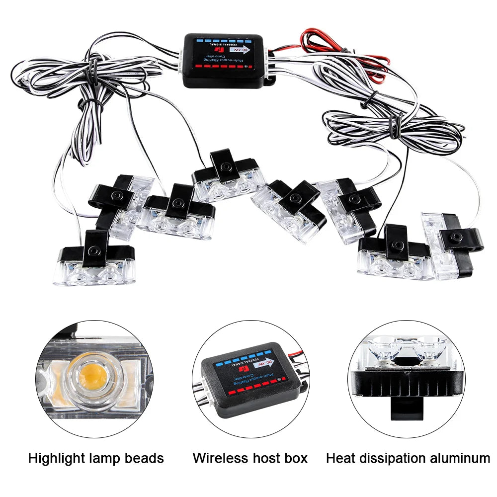 1 Tow 8 LED Police Lights For Car 12V Wireless Remote Flashing Emergency Warning Lamp 2LED Truck Trailer Strobe Grilles Light