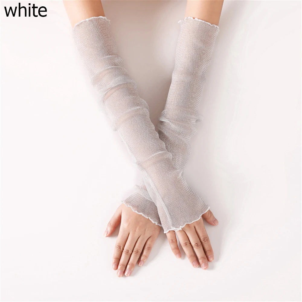 Summer Fashion Lady Gauze Sun Protection Sleeves Gloves Women Thin Long Fingerless Arm Warmers Sunscreen UV Breathable Mittens