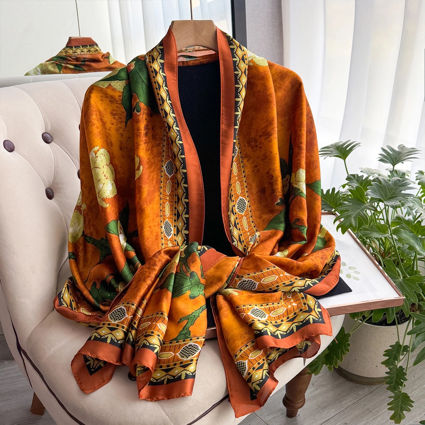 90*180cm Fashion Luxury Silk Scarf Women flowers Soft Smooth Scarves Wrap Hijab Outdoors Muffler Long Shawl Beach sun protection