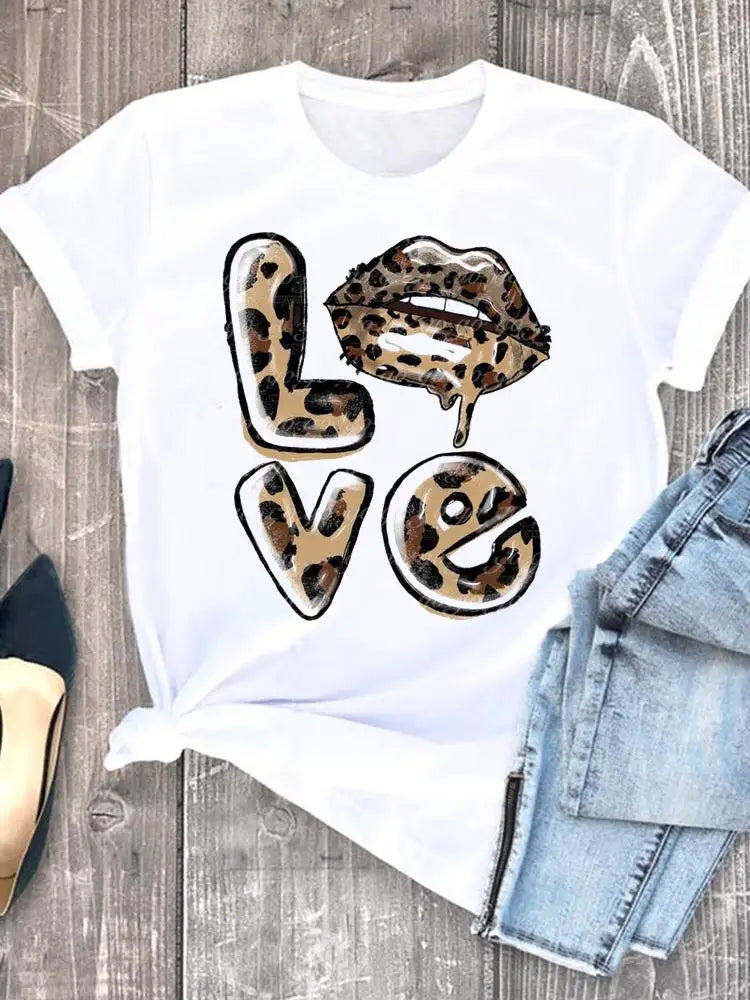 Summer Clothing leopard love heart sweet Fashion Women Tee T-shirts Casual Short Sleeve Regular Female Graphic T Shirt Clothes