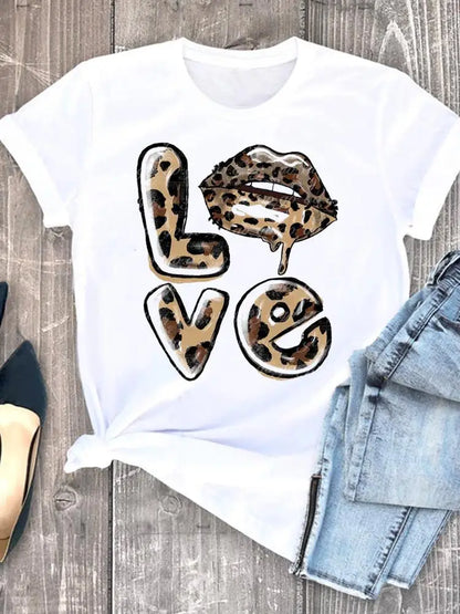Summer Clothing leopard love heart sweet Fashion Women Tee T-shirts Casual Short Sleeve Regular Female Graphic T Shirt Clothes