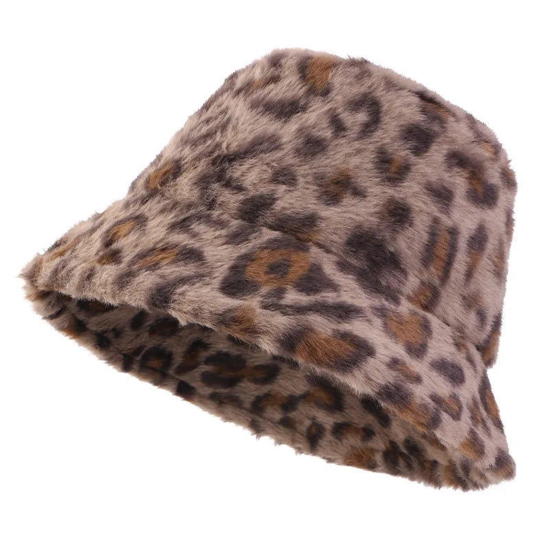 Autumn Winter Leopard Print Bucket Hat Thick Soft Warm Plush Fisherman Hat Fashion Outdoor Sun Protection Caps For Men Women