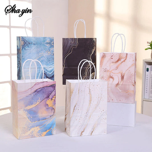 5pcs Marble Design Kraft Paper Gift Bag with Handle Birthday Party Packaging Bags Wedding Gifts for Guest Eid Supply Organizer