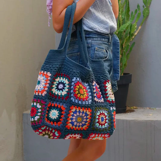 Vintage Crochet Granny Shoulder Tote Bag Women Boho Chic Hippie Handbags Knitted Handmade Woven Big Shopper Purses Cute
