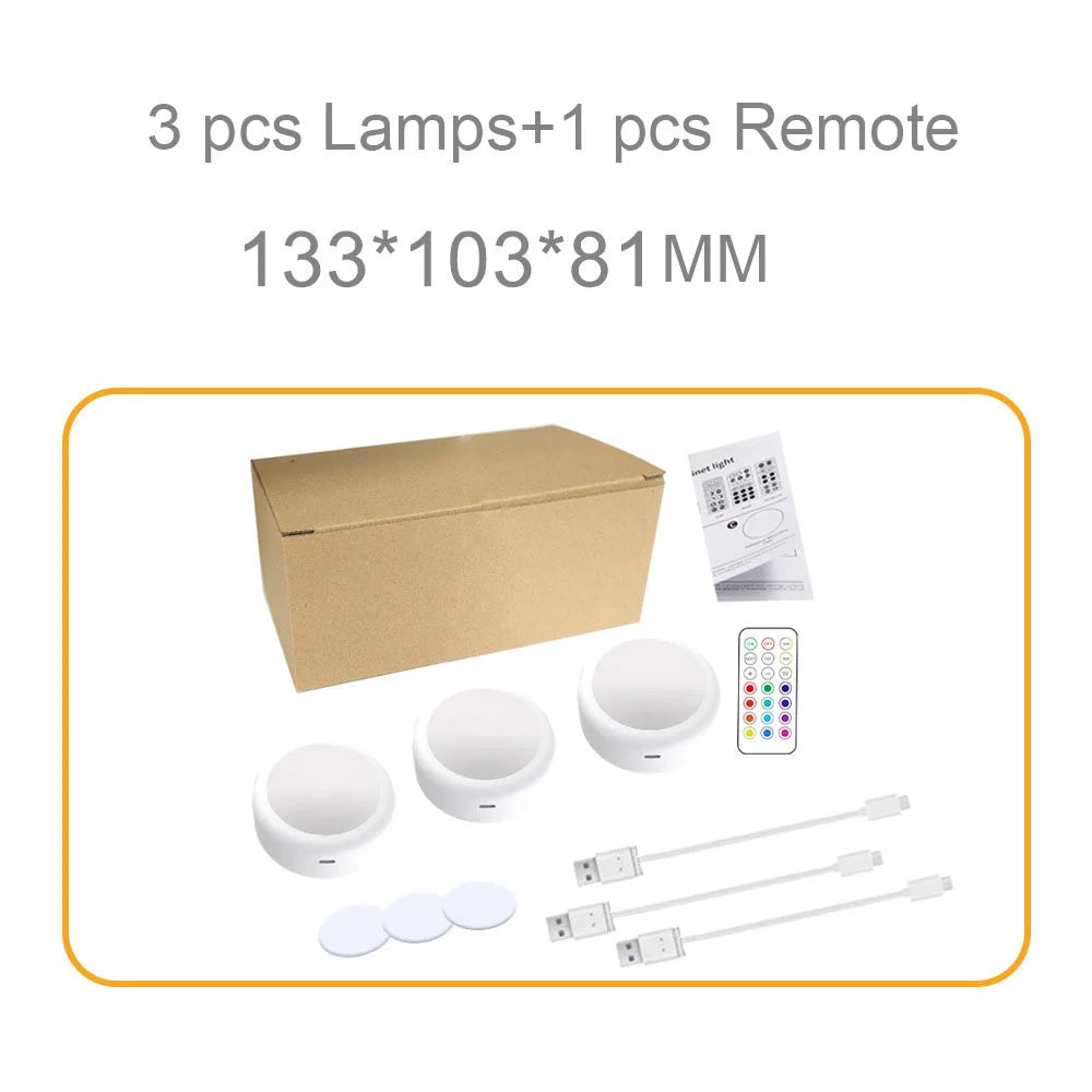 USB Rechargeable LED Puck Light Wireless RGBW Colors Night Light With Remote Control For Bed Room Closet Kitchen