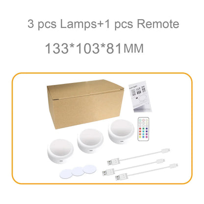 USB Rechargeable LED Puck Light Wireless RGBW Colors Night Light With Remote Control For Bed Room Closet Kitchen