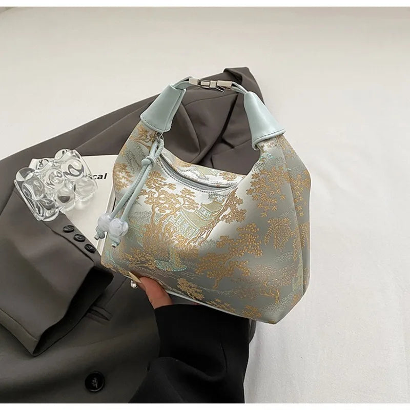 4 Colors Embroidered Chinese Style Handbag Zipper Canvas Pea Purses Adjustable Luxury Cheongsam Bag Work