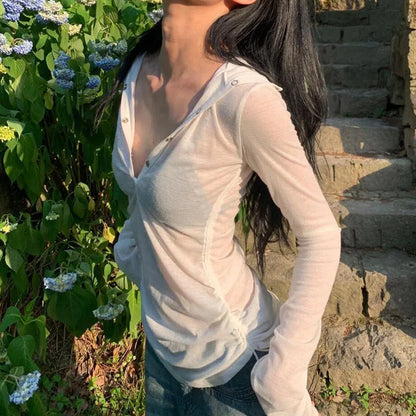 Sexy See Through Hooded Tops Women Casual Long Sleeve Thin Long Sleeve T-Shirt Female Streetwear Y2K Sun Protection White Tees