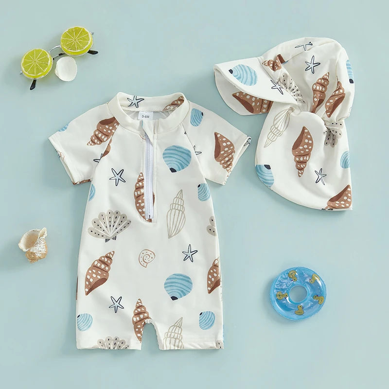 Toddler Boys Rash Guard Swimsuit Playsuits Seashell Print Zipper Short Sleeve Sun Protection Bathing Suit with Swim Cap