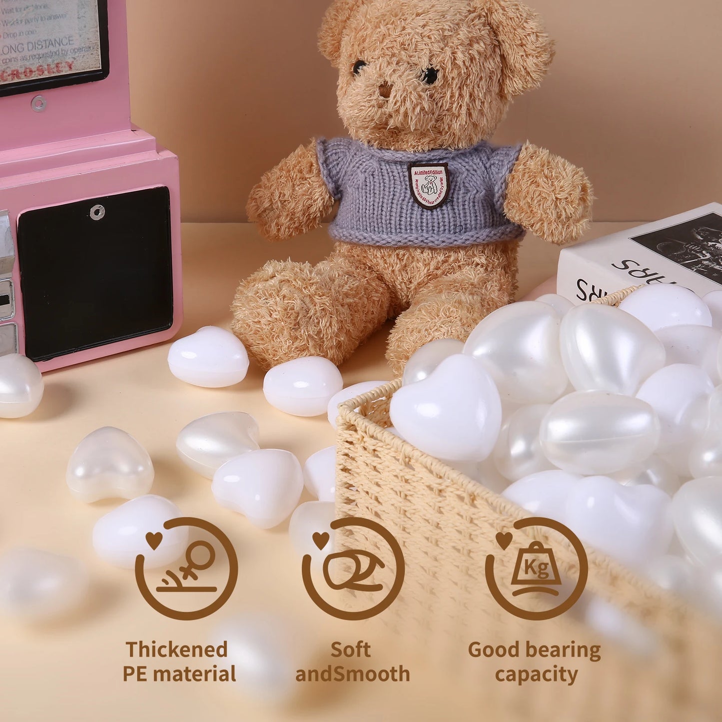 5.5cm 50/100pcs Eco-Friendly Ball Pit Balls Colourful Heart shape with Net Bag for Kids Water Pool Outdoor Tents Toys