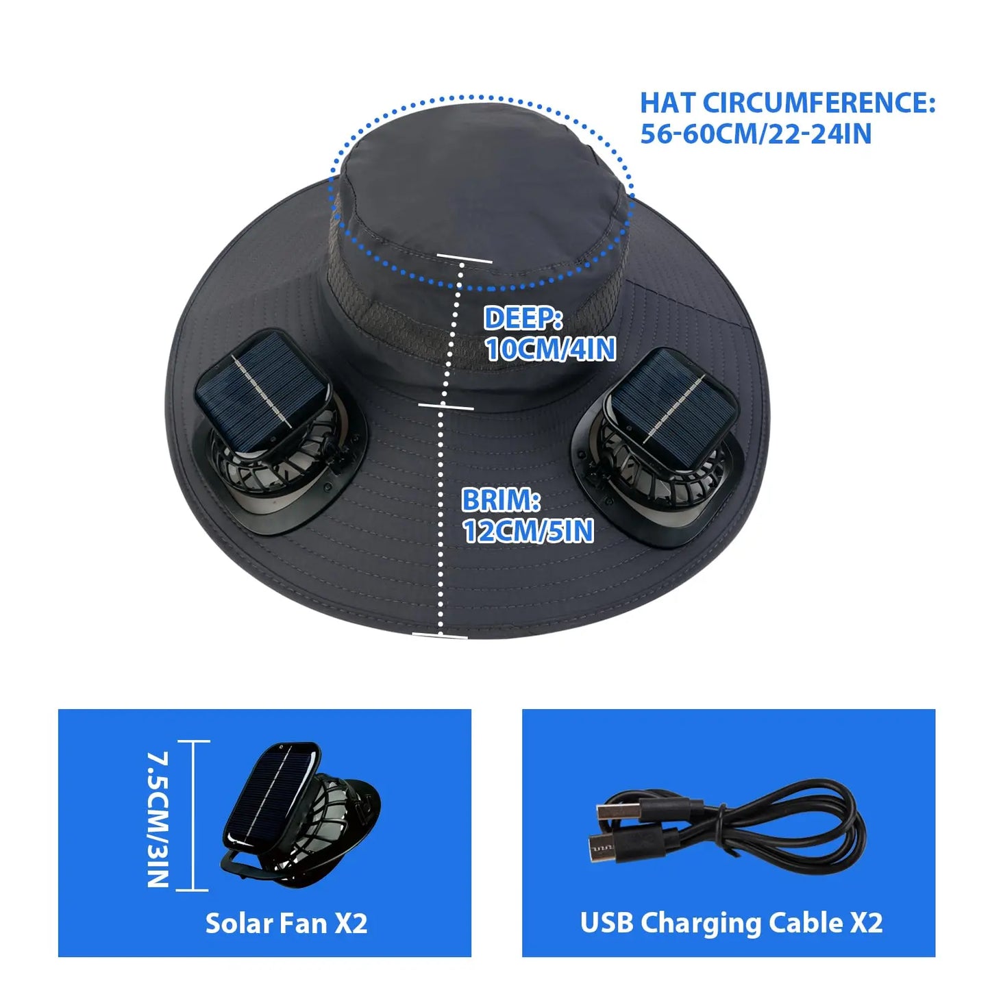 Sun Hat with 2 Solar Fan Fishing Wide Brim Fishing Hat for Outdoor Summer Camping Beach USB & Solar Powered Caps Sun Protection