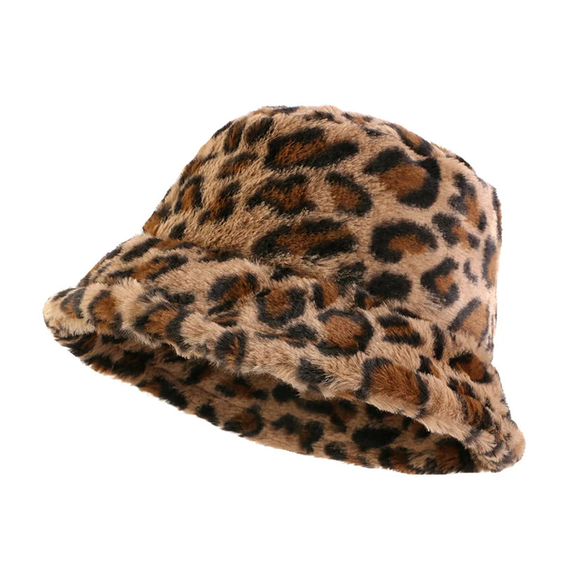 Autumn Winter Leopard Print Bucket Hat Thick Soft Warm Plush Fisherman Hat Fashion Outdoor Sun Protection Caps For Men Women
