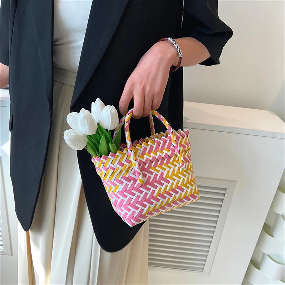 Summer Trend Hand Woven Handbag Square Little Basket 2025 New Straw Cute Colorful Bags Hundred Collision Color Holiday Beach Bag