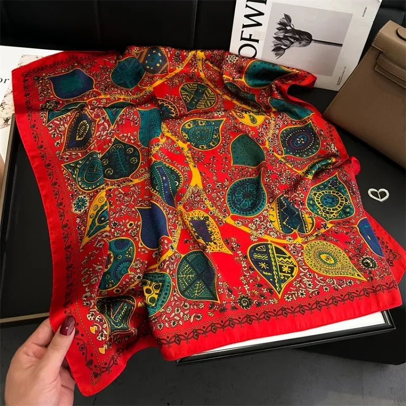 Retro Printed Silk Scarf Women's Square Scarfs 70cm Imitation Silk Scarf Shawl Turban Decorative Sun Protection