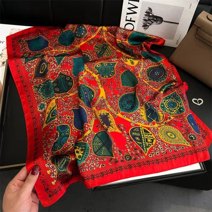 Retro Printed Silk Scarf Women's Square Scarfs 70cm Imitation Silk Scarf Shawl Turban Decorative Sun Protection