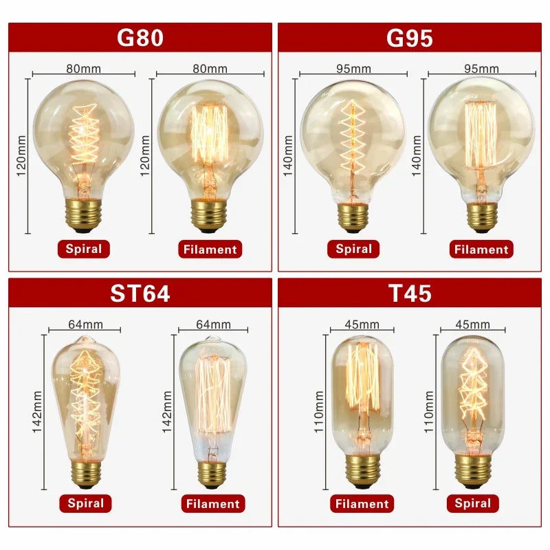 40W Retro Edison Bulb E27 220V Light Bulb A60 ST58 ST64 T10 T45 T185 G80 G95 Filament Vintage Ampoule Incandescent Spiral Lamp