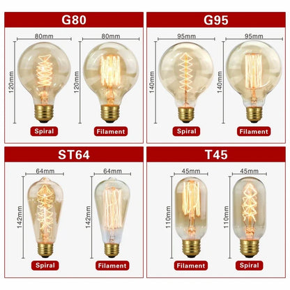40W Retro Edison Bulb E27 220V Light Bulb A60 ST58 ST64 T10 T45 T185 G80 G95 Filament Vintage Ampoule Incandescent Spiral Lamp