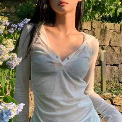 Sexy See Through Hooded Tops Women Casual Long Sleeve Thin Long Sleeve T-Shirt Female Streetwear Y2K Sun Protection White Tees