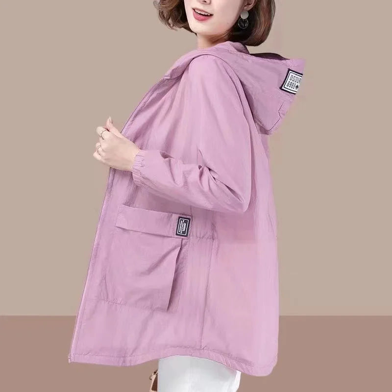 Spring Summer Women's Jacket Long Sleeve Tops Hooded Coat 2024 Thin Sun Protection Clothing Outdoor Sports Windbreaker Female