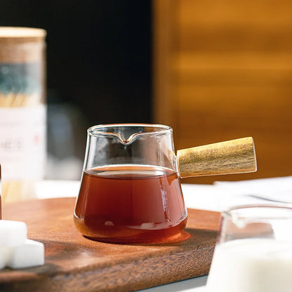 YWDL 60/110ml Wood Handle Glass Espresso Cup Milk Pitcher Single Mouth Jug Coffee Supplies Clear Kitchen Creamer Measure Mug