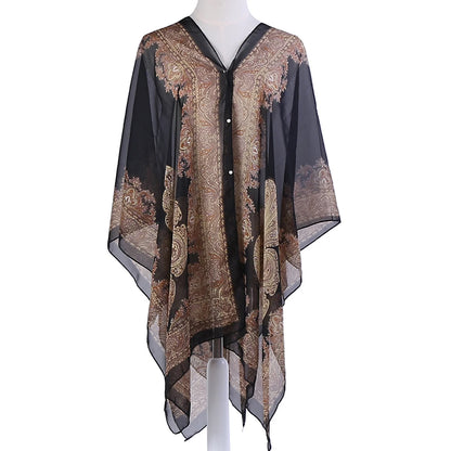 Sun Protection Shawl for Women, Cashew Flower Chiffon Silk Scarf, Versatile Slit Beach Towel, Pearl Scarf