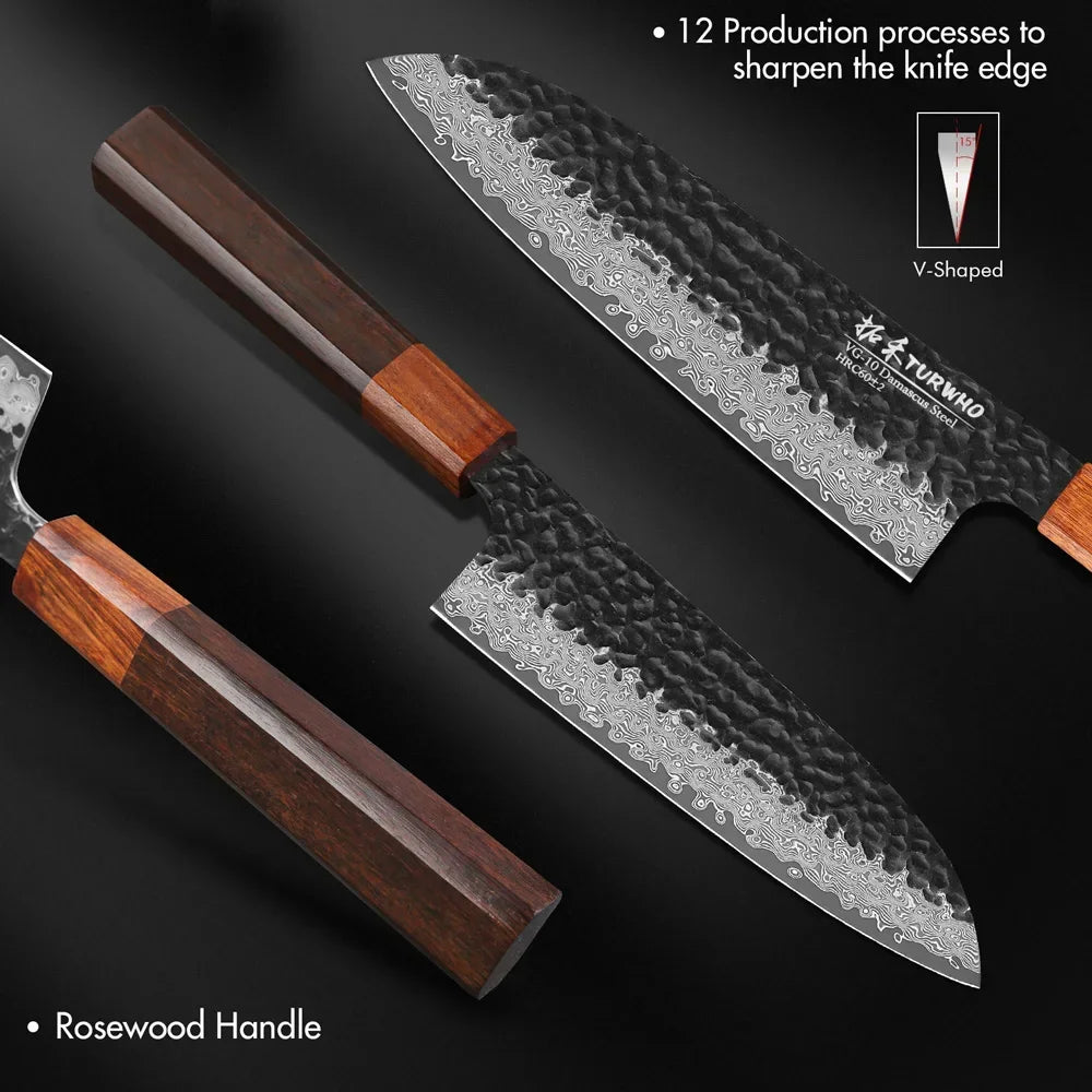 TURWHO 7 inch Damascus Steel Japanese Chef Knives Sharp Slicing Utility Kitchen Knives Cooking Tools Hand Forged Santoku Knife