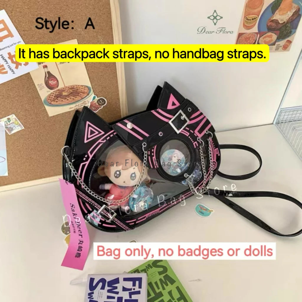 Y2K Kawaii Cat Ita Bag Cute PU Backpack Girls Transparent Pocket Harajuku Crossbody Bag Women's Fashion DIY Display Shoulder Bag