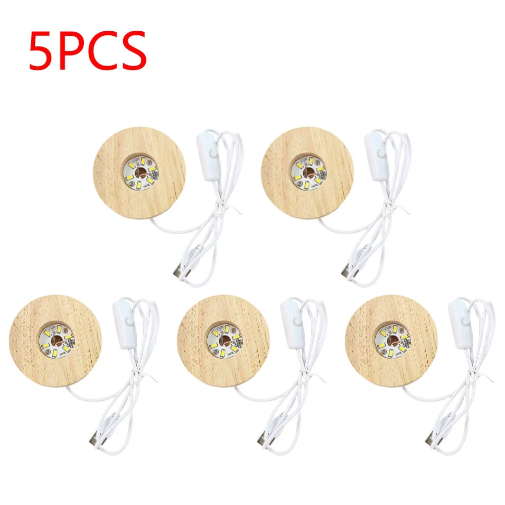 10-1PCS Handmade LED Wood Display Base USB Round Wooden Night Lamp Base Bedroom Resin Ornament Stand DIY Night Light
