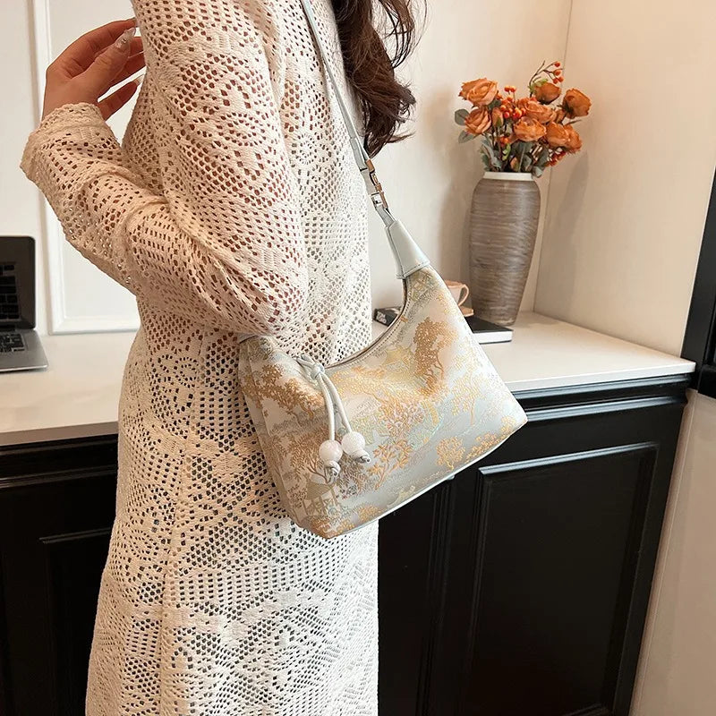 4 Colors Embroidered Chinese Style Handbag Zipper Canvas Pea Purses Adjustable Luxury Cheongsam Bag Work