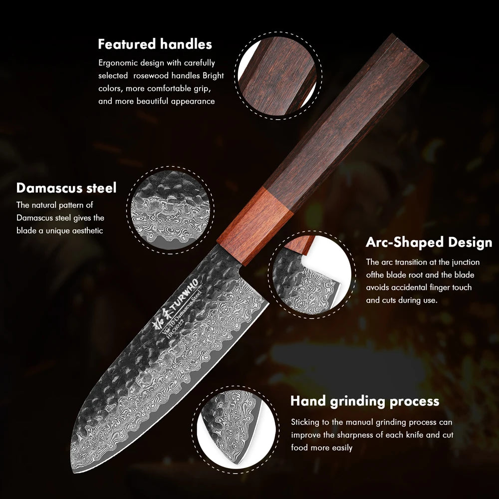 TURWHO 5 Inch Santoku Knife Damascus Japanese Steel Kitchen Knife VG10 67-Layer High Carbon Full Tang Best Chef Kitchen Tools