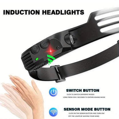 1 LED+COB USB Rechargeable Headlight, Motion Sensor Headlight, Suitable for Running, Fishing, Camping, Hiking, Emergency Lights