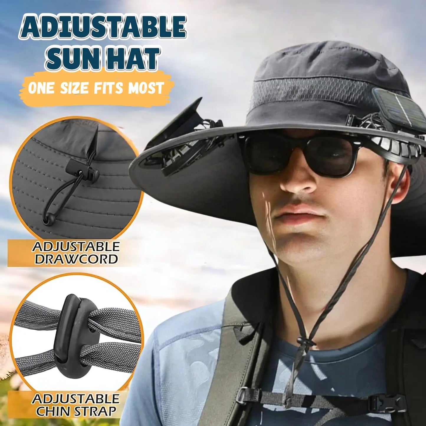 Sun Hat with 2 Solar Fan Fishing Wide Brim Fishing Hat for Outdoor Summer Camping Beach USB & Solar Powered Caps Sun Protection
