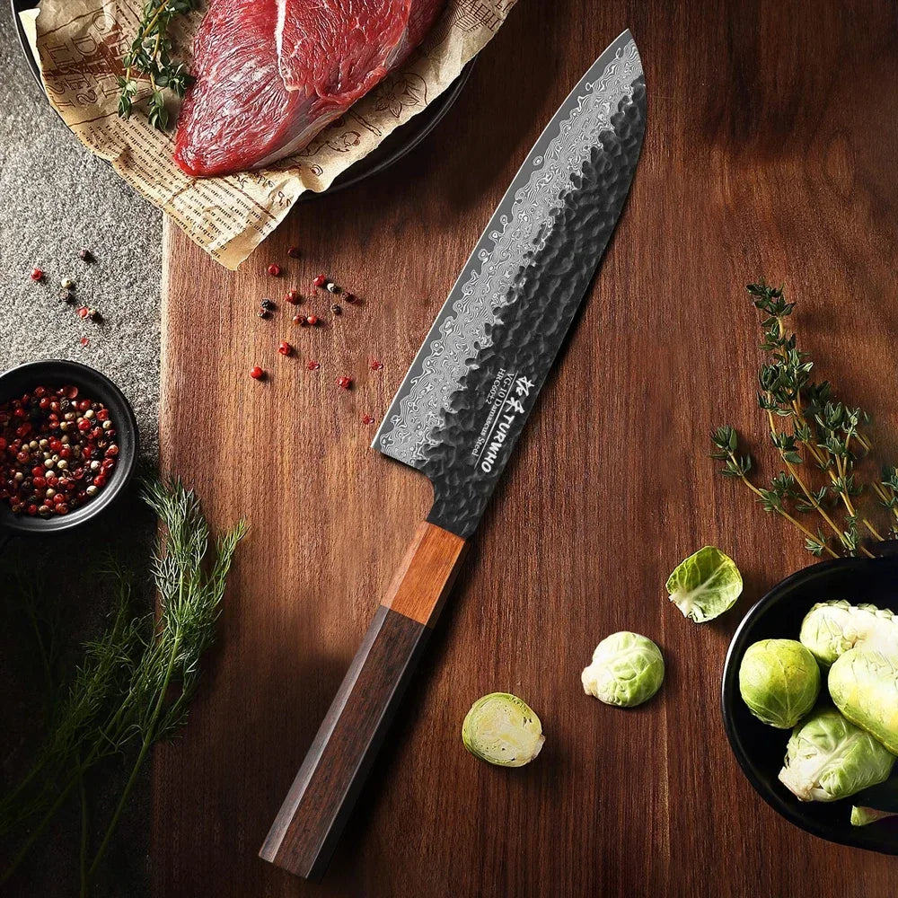 TURWHO 7 inch Damascus Steel Japanese Chef Knives Sharp Slicing Utility Kitchen Knives Cooking Tools Hand Forged Santoku Knife