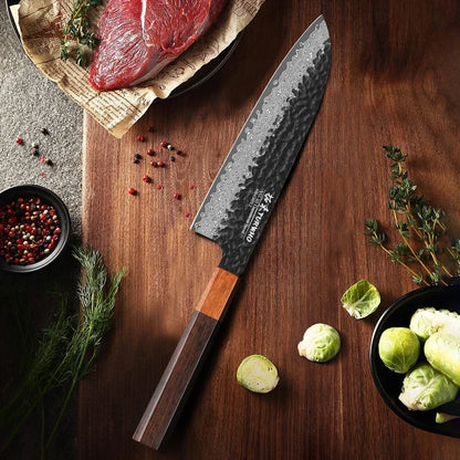 TURWHO 7 inch Damascus Steel Japanese Chef Knives Sharp Slicing Utility Kitchen Knives Cooking Tools Hand Forged Santoku Knife